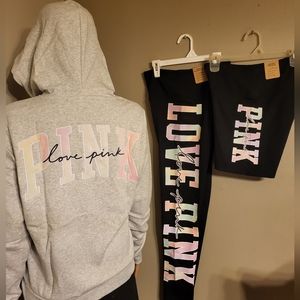 NEW 3 pc Set Victorias Secret PINK Full Zip Hoodie Legging & Biker Shorts sz Med